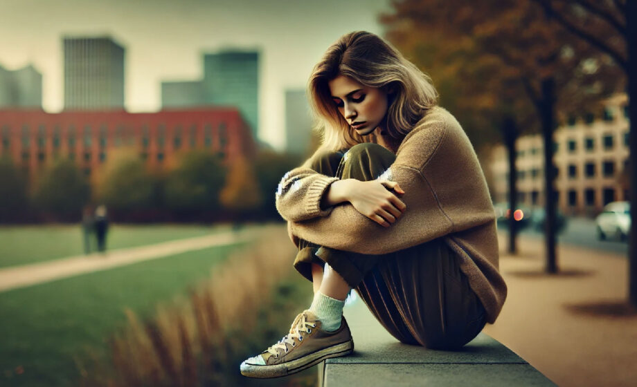 Una donna giovane preoccupata per la sua salute mentale dovuta allo stress